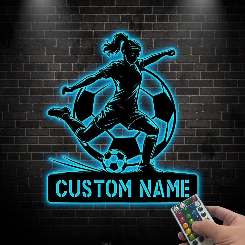 Custom Girl Soccer LED Metal Sign, Female Soccer Player Gift, Soccer Wall Decor, Football Gift for Her, Sports Room Gift