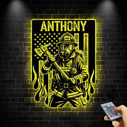 Custom Firefighter Metal Sign with LED light, Fireman Wall Decor, Firefighter Name Sign, Fire Department Decor, Fireman Appreciation Gift