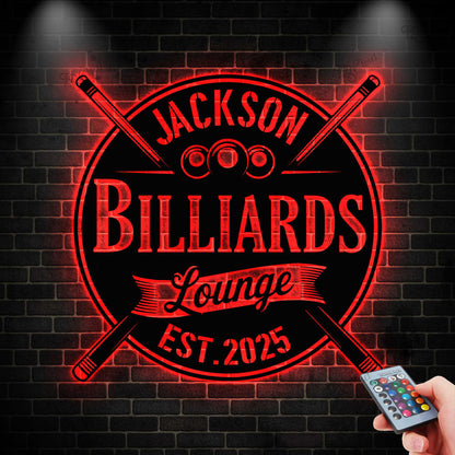 Custom Billiards Metal Sign with LED light, Billiards Lounge Wall Sign, Pool Room Decor, Billiard Room Sign, Game Room Decor, Man Cave Sign