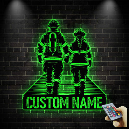 Custom Couple Firefighter Metal Sign with LED Light, Personalized Fireman Name Sign, Fire Department Decor, Valentine Day Gifs