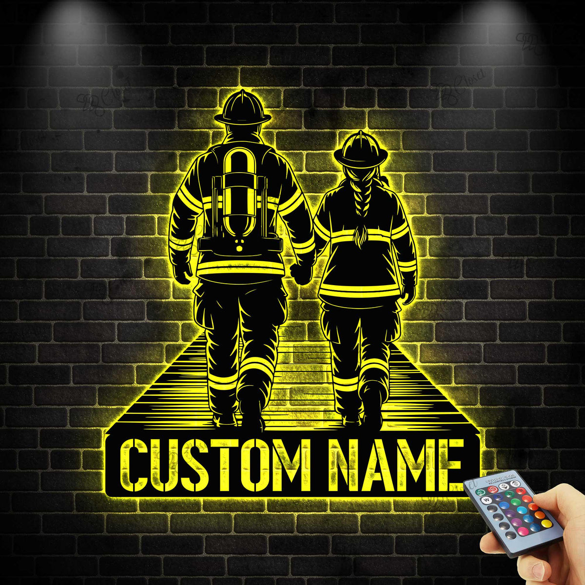 Custom Couple Firefighter Metal Sign with LED Light, Personalized Fireman Name Sign, Fire Department Decor, Valentine Day Gifs