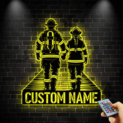 Custom Couple Firefighter Metal Sign with LED Light, Personalized Fireman Name Sign, Fire Department Decor, Valentine Day Gifs