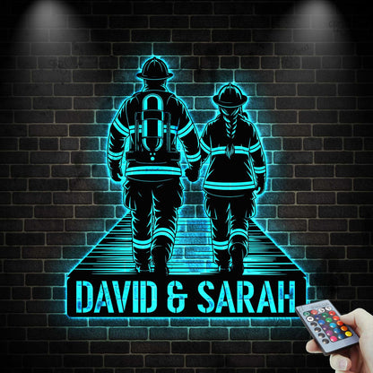 Custom Couple Firefighter Metal Sign with LED Light, Personalized Fireman Name Sign, Fire Department Decor, Valentine Day Gifs