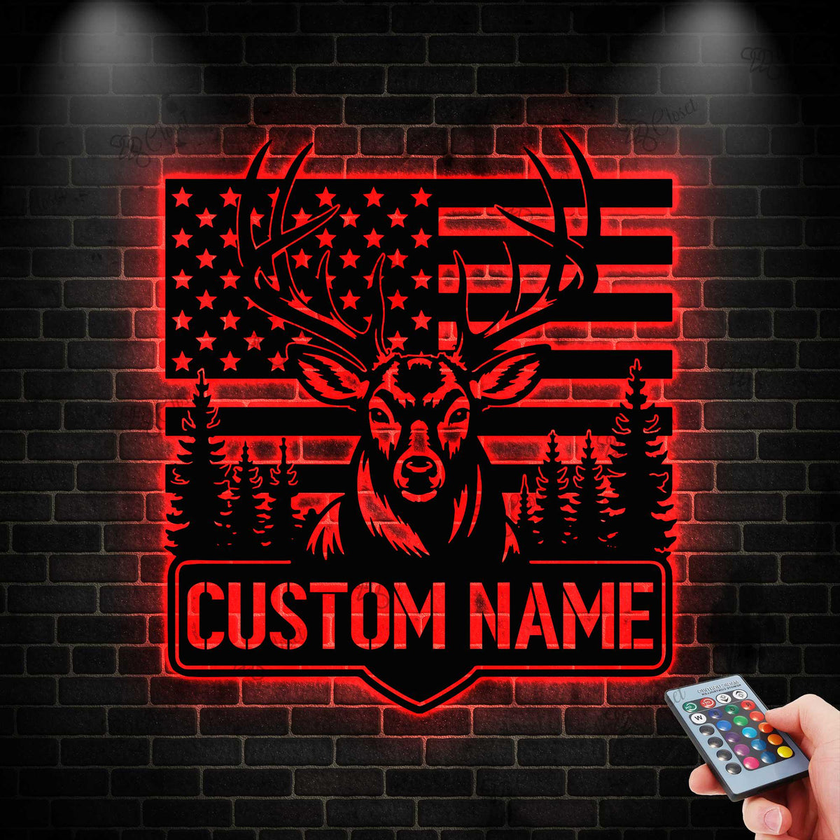 Custom US Flag Deer Hunting Metal Sign With LED Lights, Deer American Flag Sign, Personalized Hunter Name Sign, Antler Sign, Cabin Decor