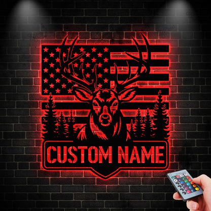 Custom US Flag Deer Hunting Metal Sign With LED Lights, Deer American Flag Sign, Personalized Hunter Name Sign, Antler Sign, Cabin Decor