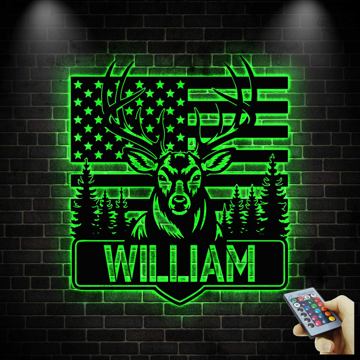 Custom US Flag Deer Hunting Metal Sign With LED Lights, Deer American Flag Sign, Personalized Hunter Name Sign, Antler Sign, Cabin Decor