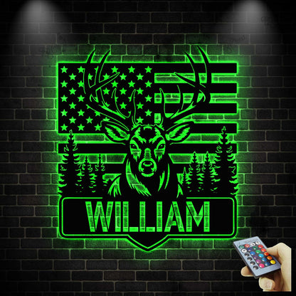 Custom US Flag Deer Hunting Metal Sign With LED Lights, Deer American Flag Sign, Personalized Hunter Name Sign, Antler Sign, Cabin Decor