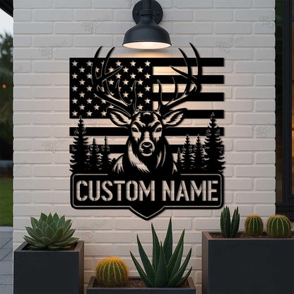 Custom US Flag Deer Hunting Metal Sign With LED Lights, Deer American Flag Sign, Personalized Hunter Name Sign, Antler Sign, Cabin Decor