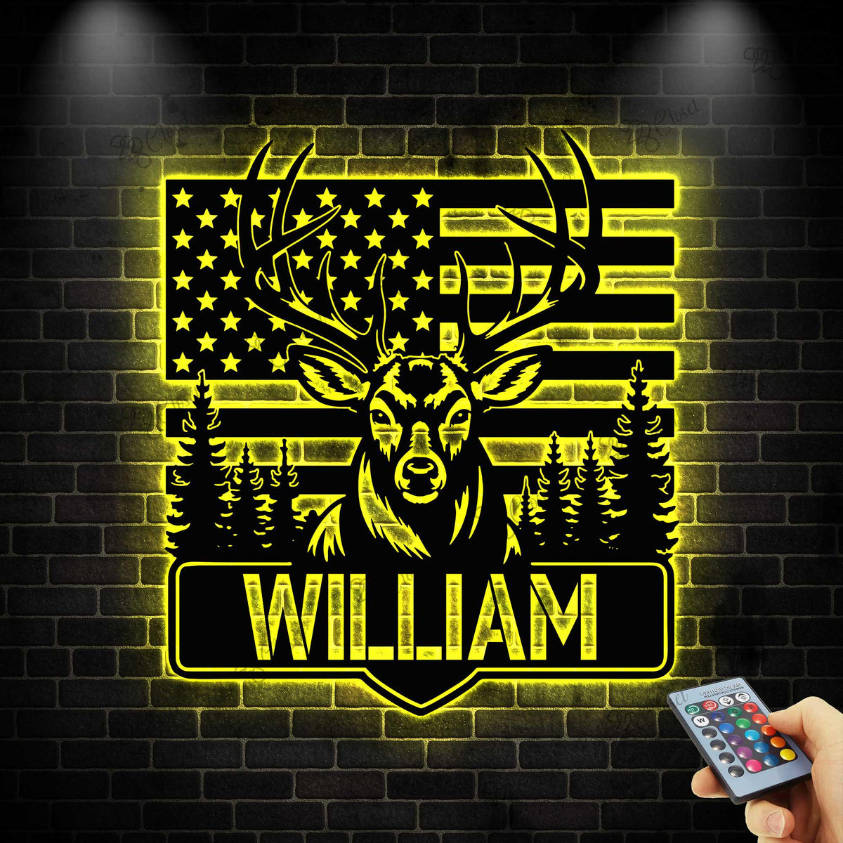 Custom US Flag Deer Hunting Metal Sign With LED Lights, Deer American Flag Sign, Personalized Hunter Name Sign, Antler Sign, Cabin Decor