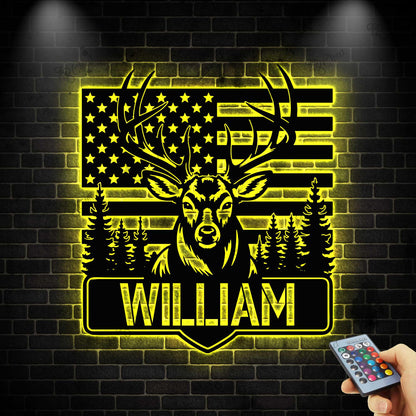 Custom US Flag Deer Hunting Metal Sign With LED Lights, Deer American Flag Sign, Personalized Hunter Name Sign, Antler Sign, Cabin Decor