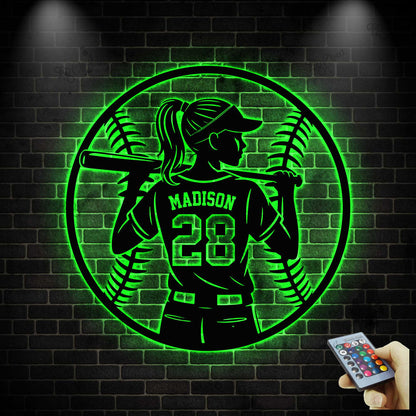 Personalized Softball Player Sign LED Lights, Baseball Metal Sign, Softball Wall Decor, Gift for Daughter,  Baseball Softball Name Sign