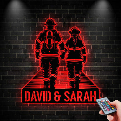 Custom Couple Firefighter Metal Sign with LED Light, Personalized Fireman Name Sign, Fire Department Decor, Valentine Day Gifs