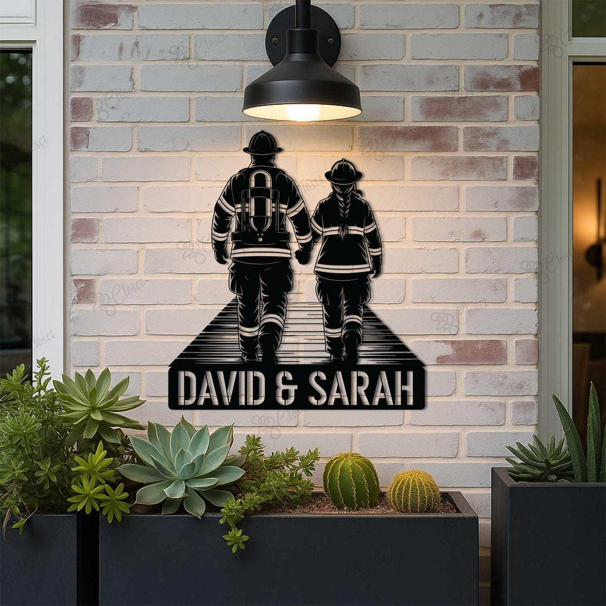 Custom Couple Firefighter Metal Sign with LED Light, Personalized Fireman Name Sign, Fire Department Decor, Valentine Day Gifs