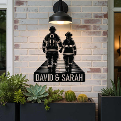 Custom Couple Firefighter Metal Sign with LED Light, Personalized Fireman Name Sign, Fire Department Decor, Valentine Day Gifs