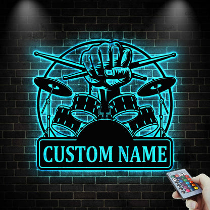 Custom Drum Metal Sign With LED Lights, Personalized Drummer Name Sign, Drum Lover Gift, Drum Wall Decor, Music Decor, Gift for Musician