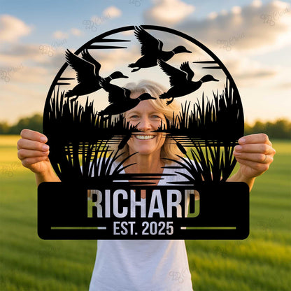 Custom Duck Hunting Metal Sign with LED Light, Personalized Hunter Name Sign, Flying Mallard Duck Metal Sign, Cabin Decor, Housewarming Gift