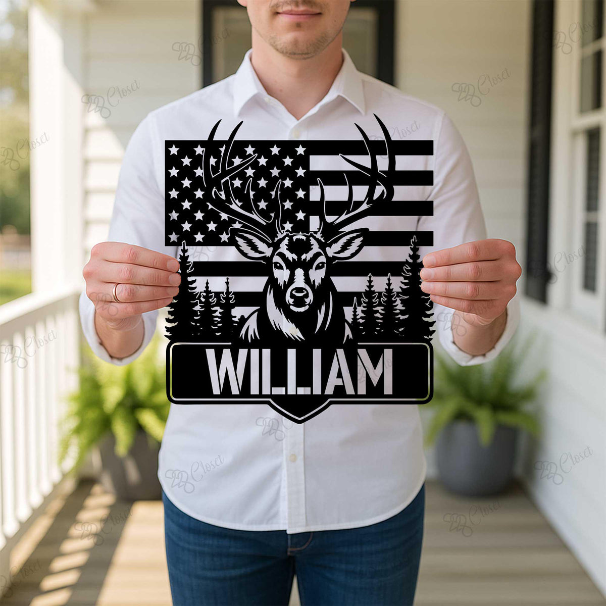 Custom US Flag Deer Hunting Metal Sign With LED Lights, Deer American Flag Sign, Personalized Hunter Name Sign, Antler Sign, Cabin Decor