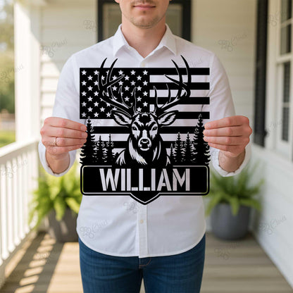 Custom US Flag Deer Hunting Metal Sign With LED Lights, Deer American Flag Sign, Personalized Hunter Name Sign, Antler Sign, Cabin Decor