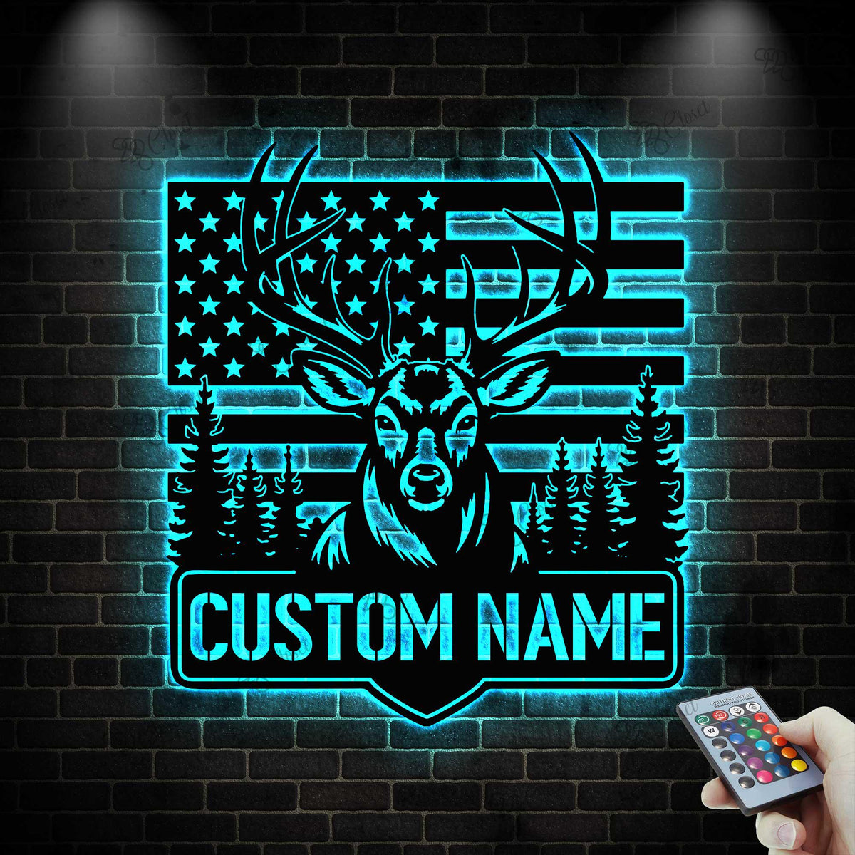 Custom US Flag Deer Hunting Metal Sign With LED Lights, Deer American Flag Sign, Personalized Hunter Name Sign, Antler Sign, Cabin Decor