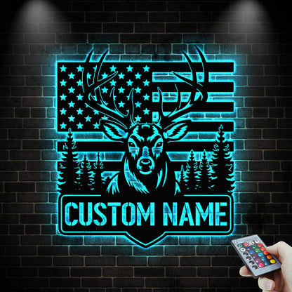 Custom US Flag Deer Hunting Metal Sign With LED Lights, Deer American Flag Sign, Personalized Hunter Name Sign, Antler Sign, Cabin Decor