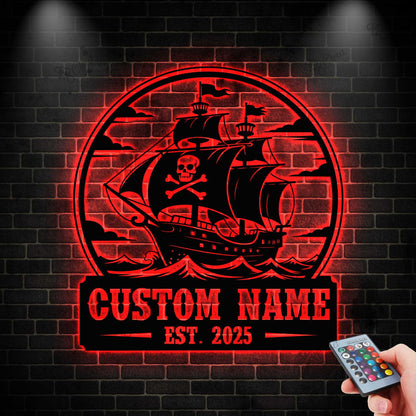 Custom Pirate Ship Metal Sign With LED Light, Pirate Ship Wall Art, Pirate Ship Name Sign, Beach House Sign, Pirate Ship Lover Gift
