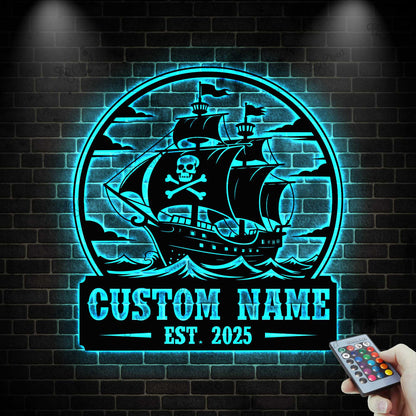 Custom Pirate Ship Metal Sign With LED Light, Pirate Ship Wall Art, Pirate Ship Name Sign, Beach House Sign, Pirate Ship Lover Gift