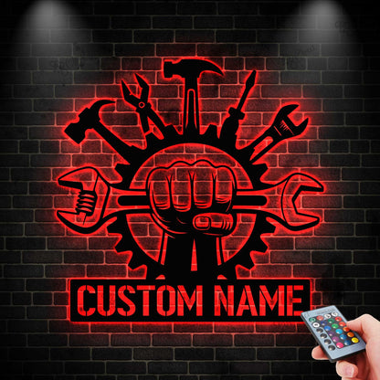 Custom Workshop Metal Sign with LED light, Garage Metal Sign, Personalized Garage Name Sign, Automotive Decor, Mechanic Workshop Sign