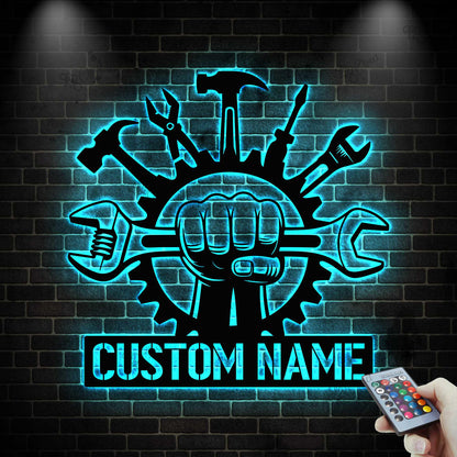 Custom Workshop Metal Sign with LED light, Garage Metal Sign, Personalized Garage Name Sign, Automotive Decor, Mechanic Workshop Sign