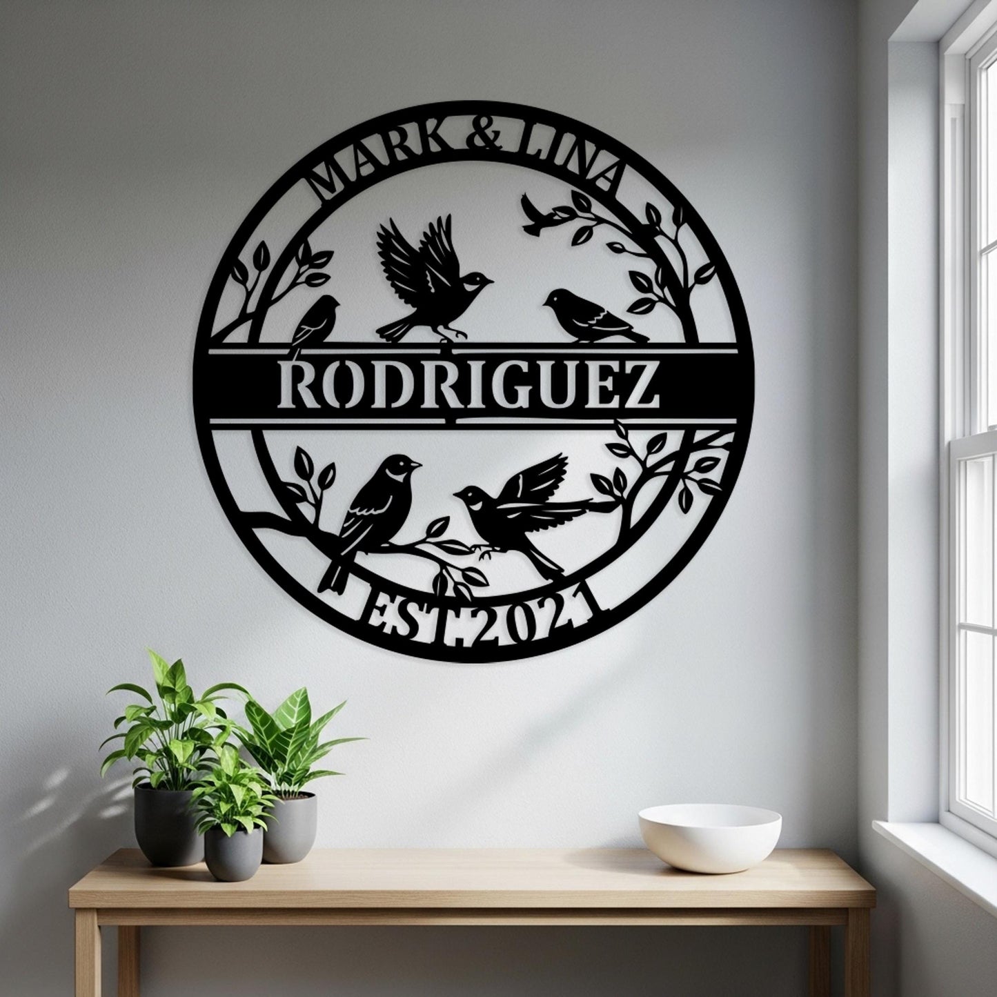 Custom Songbird Family Metal Sign, Personalized Branch Wall Art, Nature-Inspired Decor, Bird Family Outdoor Wall Art, Cozy Gift for Couples