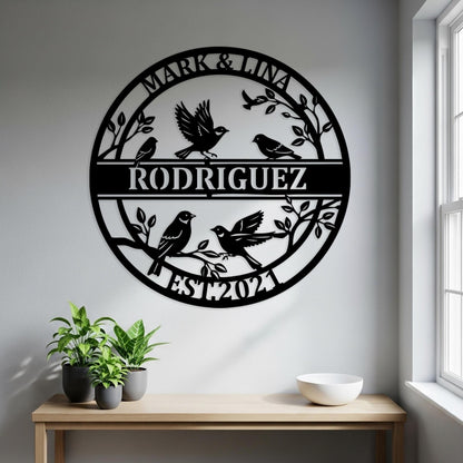 Custom Songbird Family Metal Sign, Personalized Branch Wall Art, Nature-Inspired Decor, Bird Family Outdoor Wall Art, Cozy Gift for Couples