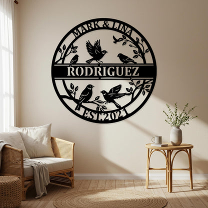 Custom Songbird Family Metal Sign, Personalized Branch Wall Art, Nature-Inspired Decor, Bird Family Outdoor Wall Art, Cozy Gift for Couples