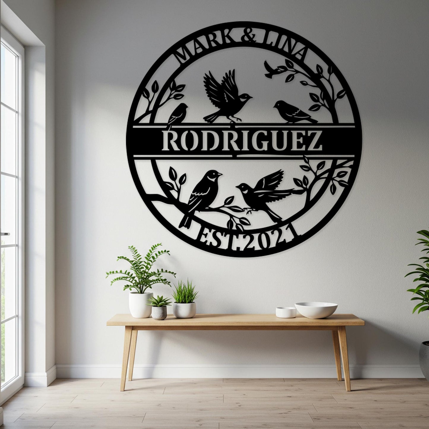 Custom Songbird Family Metal Sign, Personalized Branch Wall Art, Nature-Inspired Decor, Bird Family Outdoor Wall Art, Cozy Gift for Couples