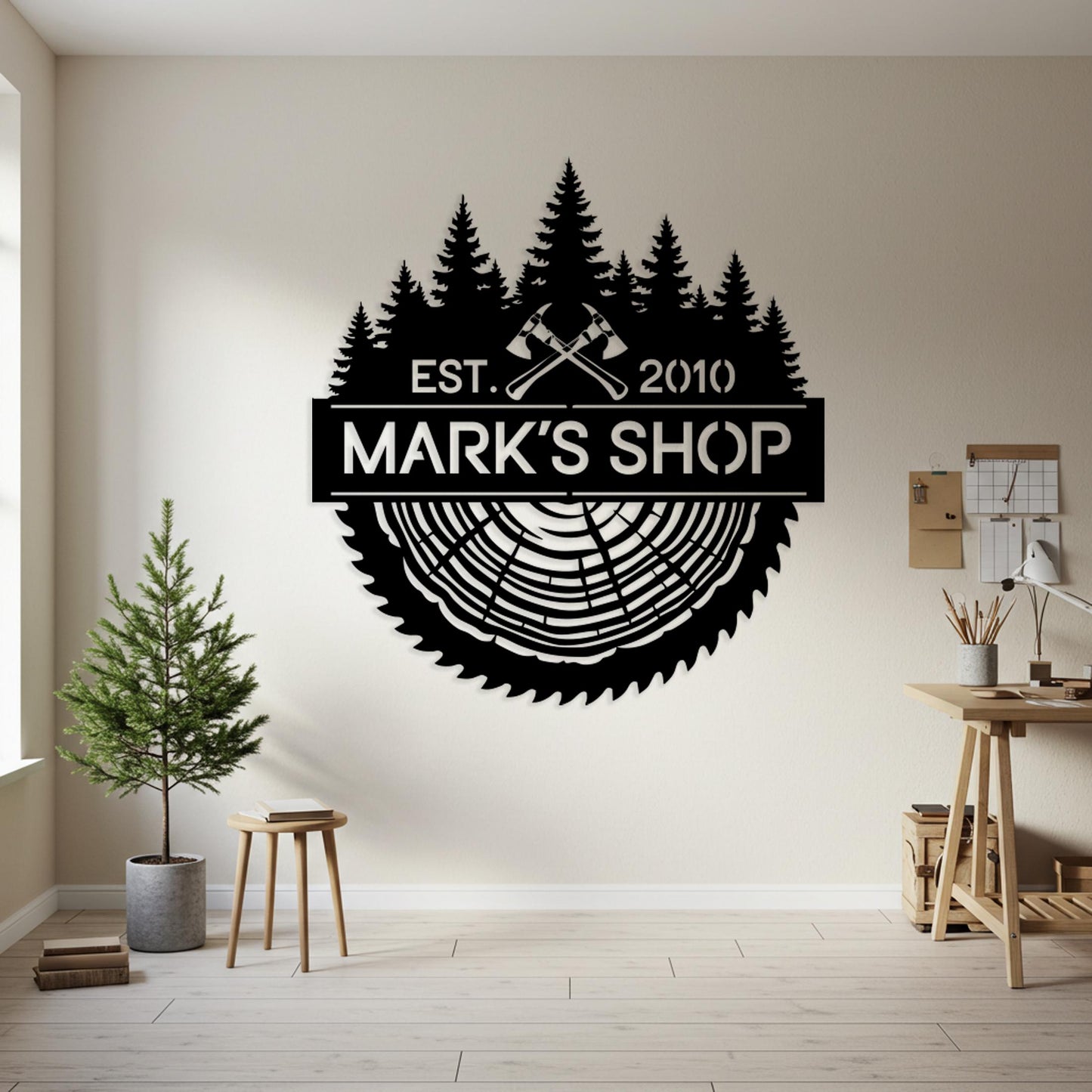 Personalized Woodshop Metal Sign, Custom Saw Blade Tree Ring Decor, Workshop Name Wall Art, Garage Man Cave Sign, Best Gift for Carpenters