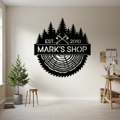 Personalized Woodshop Metal Sign, Custom Saw Blade Tree Ring Decor, Workshop Name Wall Art, Garage Man Cave Sign, Best Gift for Carpenters