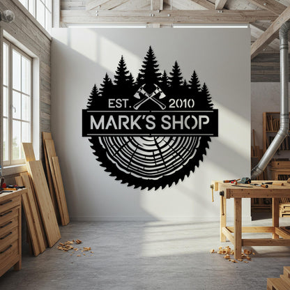 Personalized Woodshop Metal Sign, Custom Saw Blade Tree Ring Decor, Workshop Name Wall Art, Garage Man Cave Sign, Best Gift for Carpenters