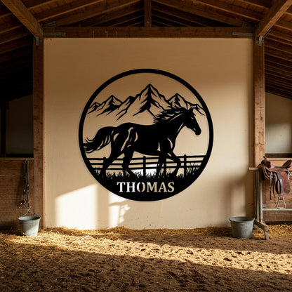 Custom Horse Family Metal Sign, Personalized Farm Sign, Running Horse Round Wall Decor, Family Ranch Sign, Unique Gift for Horse Lovers