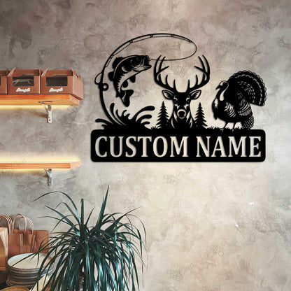 Personalized Hunter Name Sign with LED light, Deer Turkey And Bass Fishing Sign, Deer Hunting Fishing Metal Wall Art, Gift for Dad