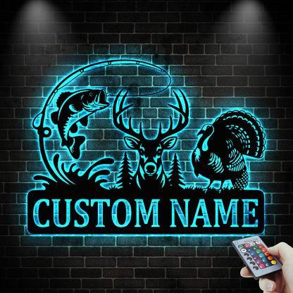 Personalized Hunter Name Sign with LED light, Deer Turkey And Bass Fishing Sign, Deer Hunting Fishing Metal Wall Art, Gift for Dad