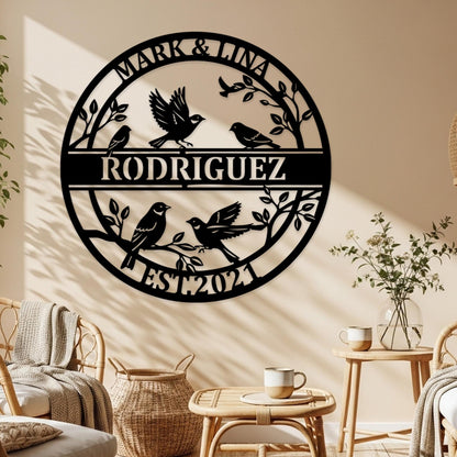 Custom Songbird Family Metal Sign, Personalized Branch Wall Art, Nature-Inspired Decor, Bird Family Outdoor Wall Art, Cozy Gift for Couples