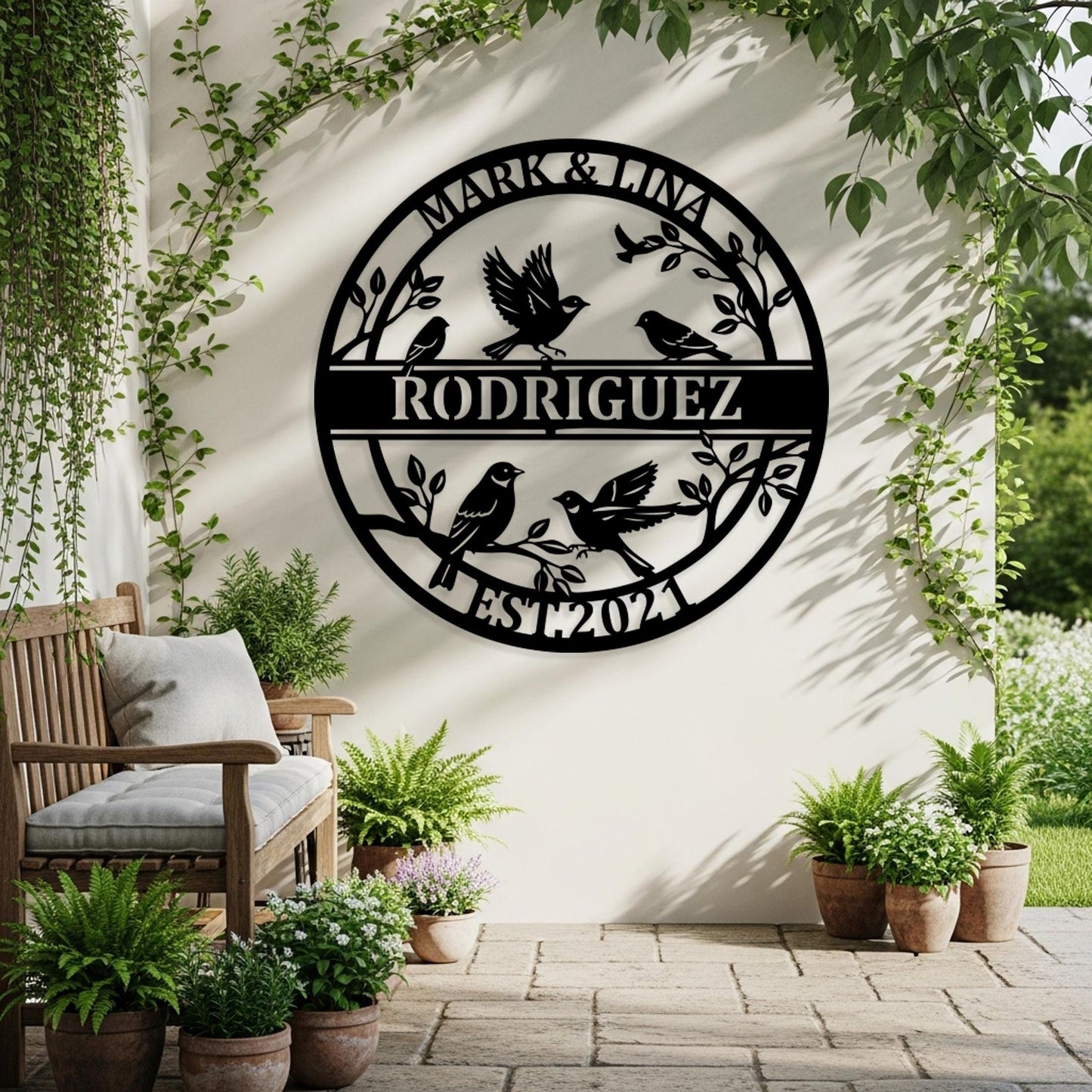 Custom Songbird Family Metal Sign, Personalized Branch Wall Art, Nature-Inspired Decor, Bird Family Outdoor Wall Art, Cozy Gift for Couples