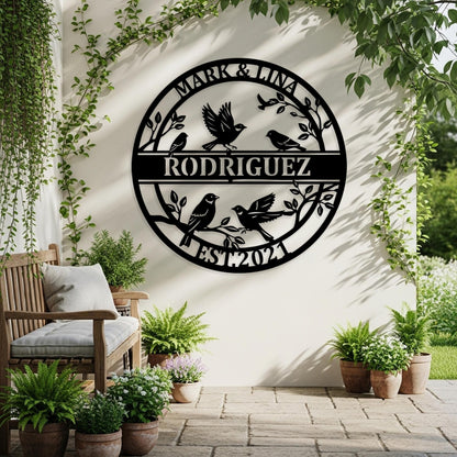 Custom Songbird Family Metal Sign, Personalized Branch Wall Art, Nature-Inspired Decor, Bird Family Outdoor Wall Art, Cozy Gift for Couples