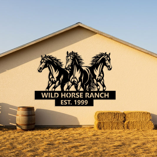 Custom Horse Ranch Sign, Horse Metal Wall Art, Personalized Running Horses Sign, Outdoor Western Family Decor, Horse Gift for Ranch Owners