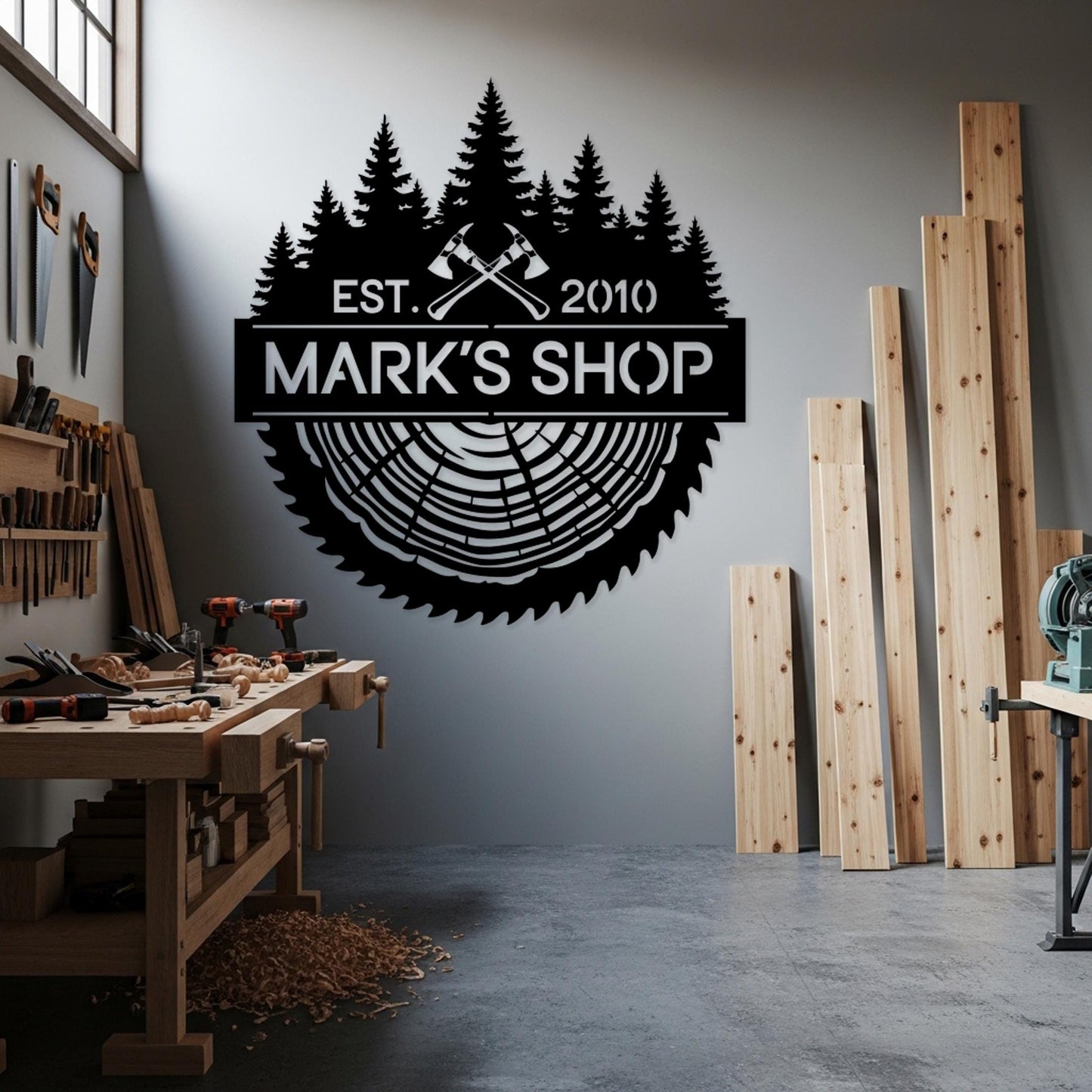 Personalized Woodshop Metal Sign, Custom Saw Blade Tree Ring Decor, Workshop Name Wall Art, Garage Man Cave Sign, Best Gift for Carpenters