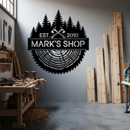 Personalized Woodshop Metal Sign, Custom Saw Blade Tree Ring Decor, Workshop Name Wall Art, Garage Man Cave Sign, Best Gift for Carpenters