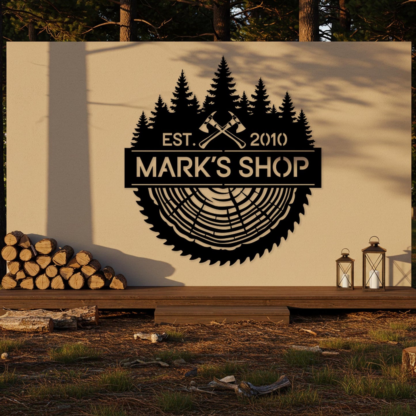 Personalized Woodshop Metal Sign, Custom Saw Blade Tree Ring Decor, Workshop Name Wall Art, Garage Man Cave Sign, Best Gift for Carpenters
