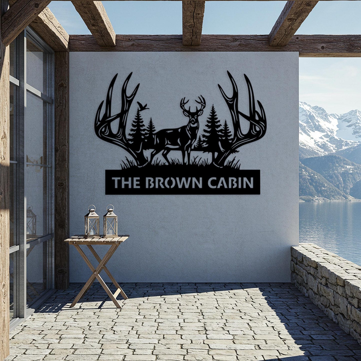 Deer Cabin Metal Sign, Custom Lodge Sign, Rustic Antler Wall Decor, Cabin Outdoor Decor, Above Fireplace Decor, Hunting Shed Gift for Him