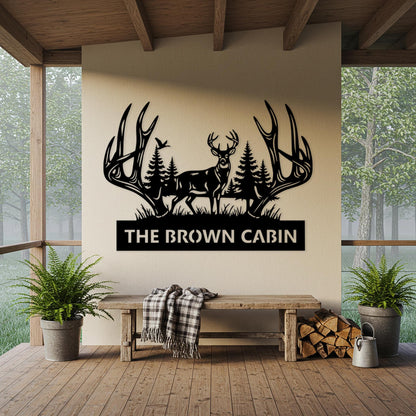 Deer Cabin Metal Sign, Custom Lodge Sign, Rustic Antler Wall Decor, Cabin Outdoor Decor, Above Fireplace Decor, Hunting Shed Gift for Him