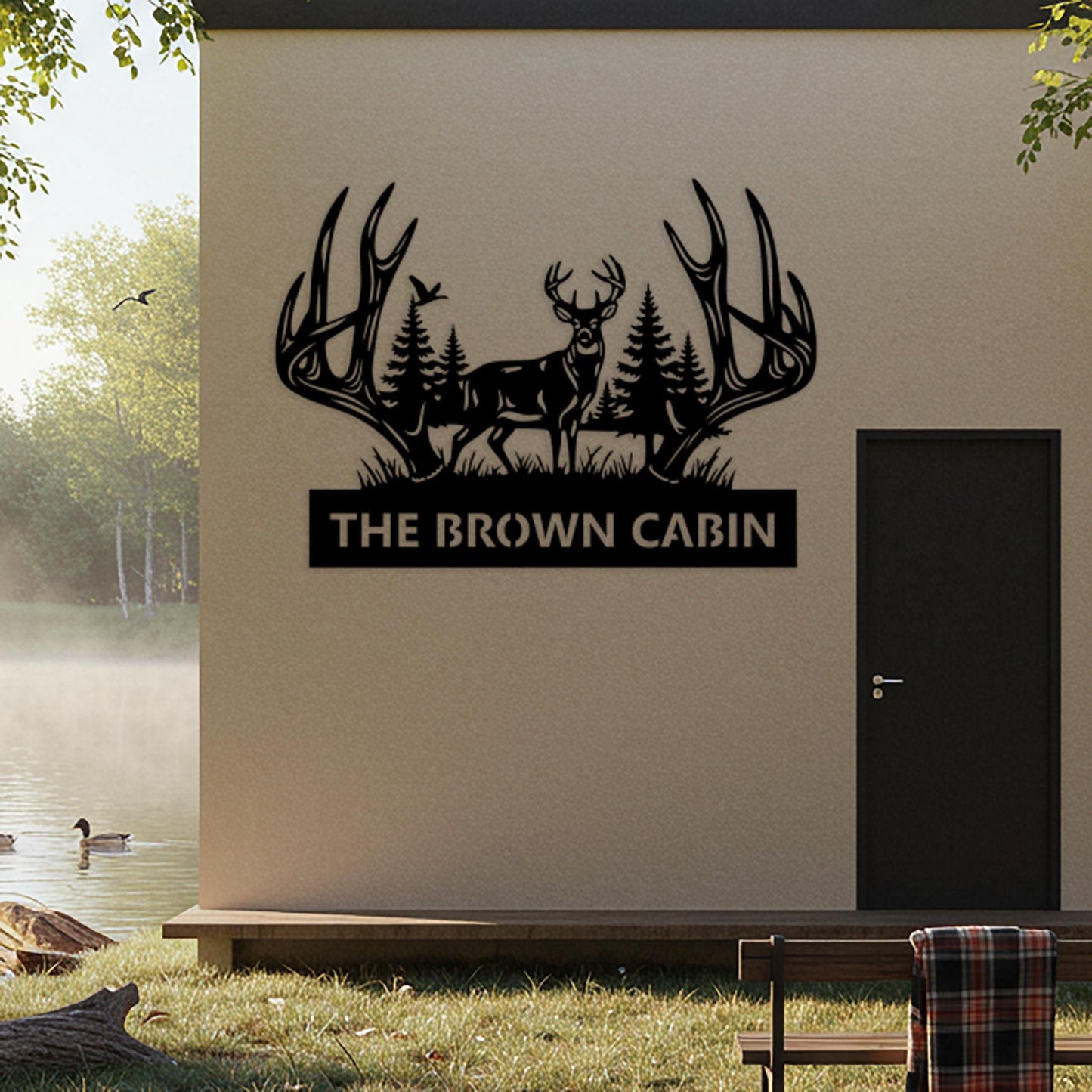 Deer Cabin Metal Sign, Custom Lodge Sign, Rustic Antler Wall Decor, Cabin Outdoor Decor, Above Fireplace Decor, Hunting Shed Gift for Him