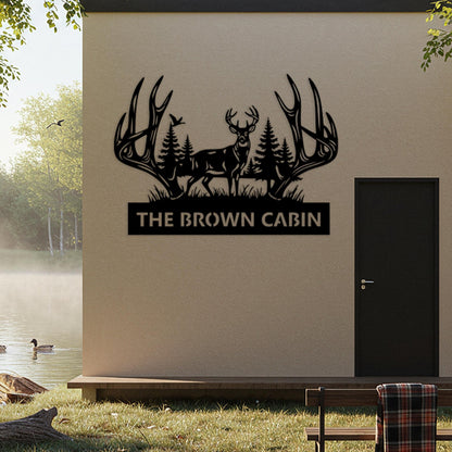 Deer Cabin Metal Sign, Custom Lodge Sign, Rustic Antler Wall Decor, Cabin Outdoor Decor, Above Fireplace Decor, Hunting Shed Gift for Him