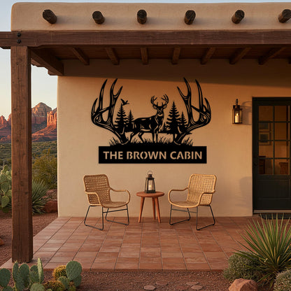 Deer Cabin Metal Sign, Custom Lodge Sign, Rustic Antler Wall Decor, Cabin Outdoor Decor, Above Fireplace Decor, Hunting Shed Gift for Him